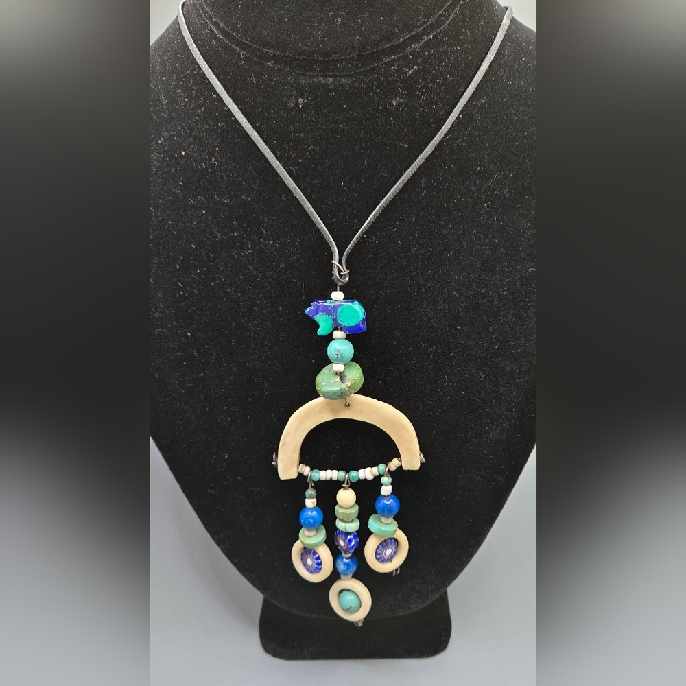 Artisan Handmade Necklace Pendant Turquoise Bone Millifiori OOAK - Picture 2 of 4